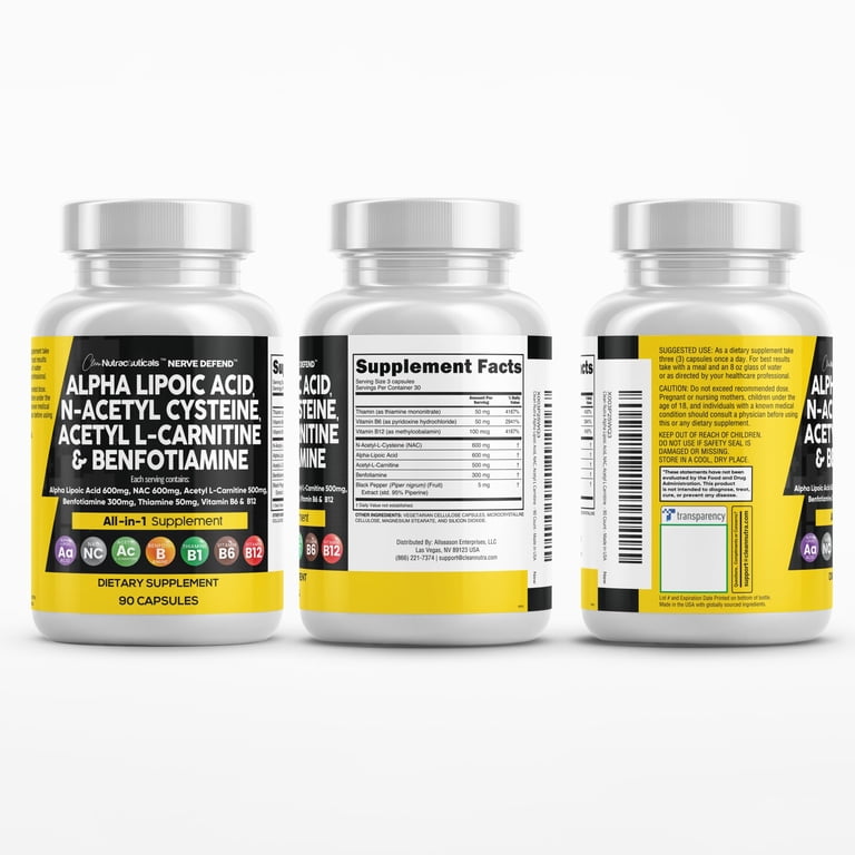 n acetil l carnitina Alpha Lipoic Acid 600mg N-Acetyl Cysteine 600mg Acetyl L-Carnitine 500mg  Benfotiamine 300mg - Nerve Support Supplement for Women and Men with  Vitamin B1 B6 & B12