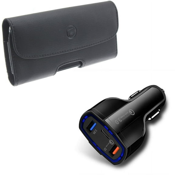 Case Belt Clip & Quick Car Charger for iPhone 15 Pro - Leather Holster Cover Pouch and 48W 3-Port USB Type-C Port Power G8B for iPhone 15 Pro (6.1")