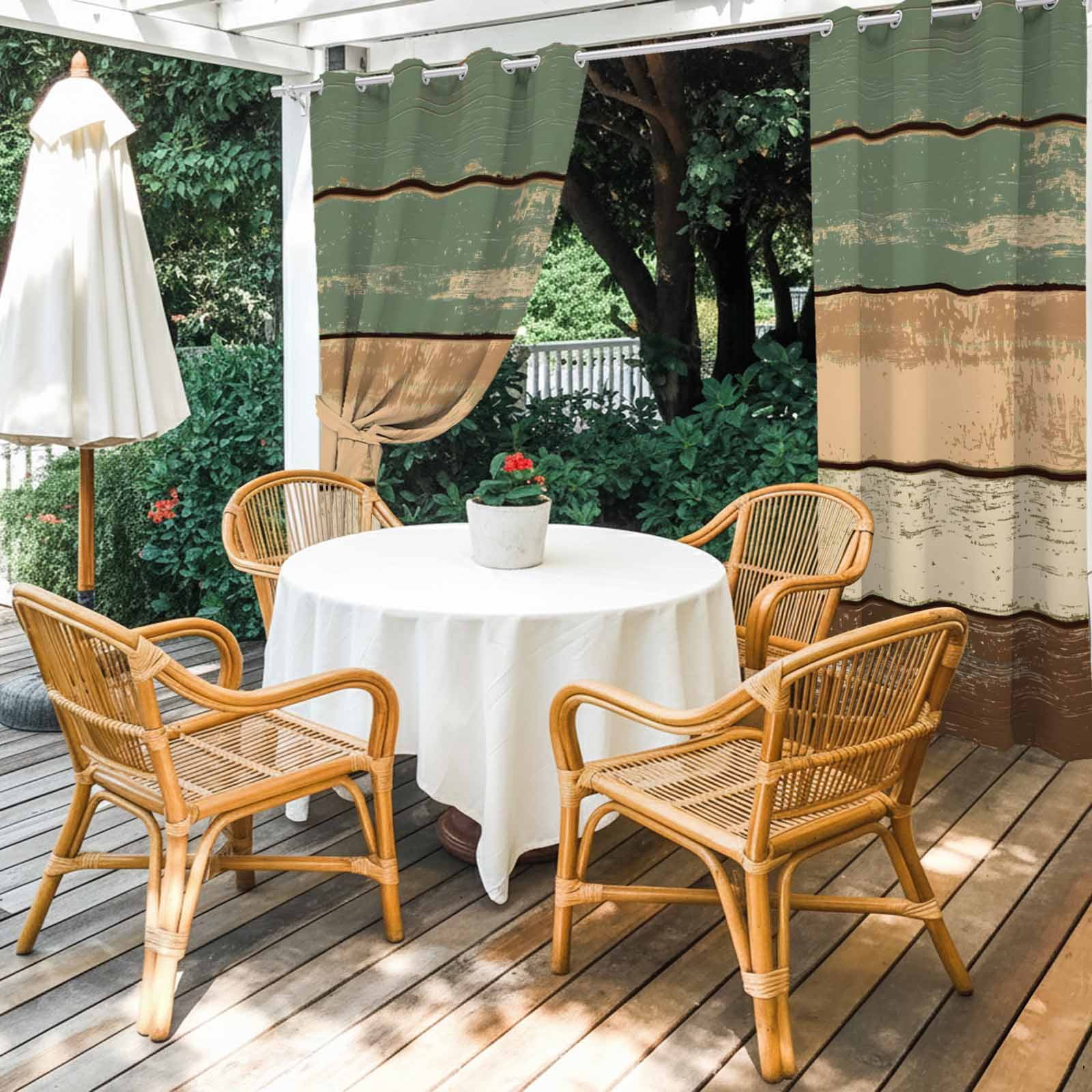 Outdoor Curtains for Patio Waterproof, Green Brown Farmhouse Windproof Pravicy Outside Porch Blackout Curtain, Vintage Wooden Sun Blocking Grommets Curtains for Cabana Gazebo 54"x108"