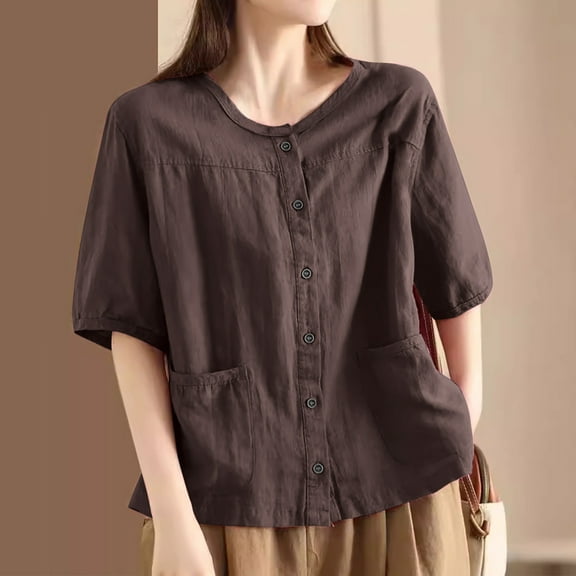 Sevevn Women's Fashionable Retro Embroidered Round Neck Five Quarter Sleeved Short Sleeved Blouse Holiday Gift Finder Coffee XXL