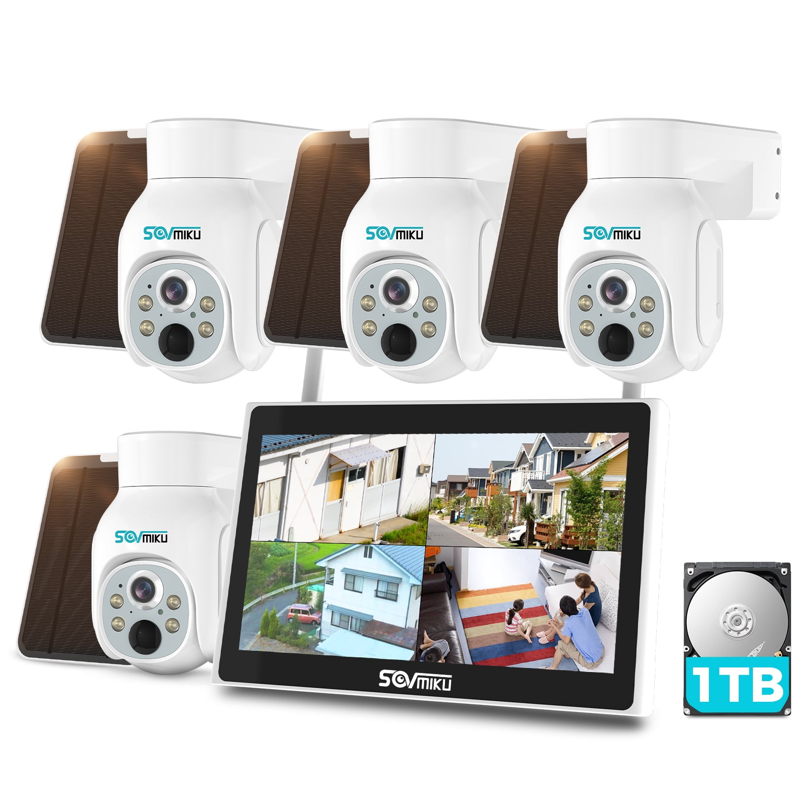 Sovmiku Solar Security Camera Outdoor, 4PCS 4MP Wireless Battery Camera System with 10in LCD, 2-Way Audio, PTZ, Night Vision, 1TB HDD