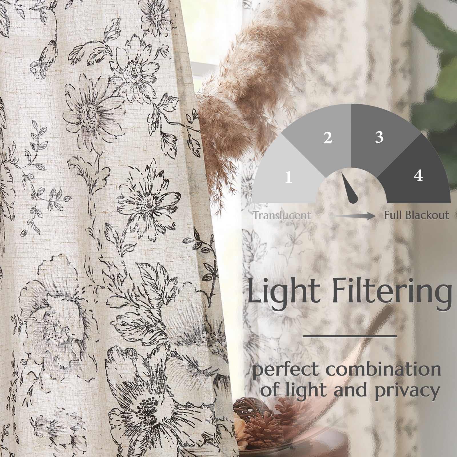 CURTAINKING Linen Curtains Floral Curtains for Living Room 84 Inch Length Black Printed Curtains Rod Pocket Back Tab Farmhouse Peony Flower Patterned Drapes Bedroom Window Curtain Set 2 Panels