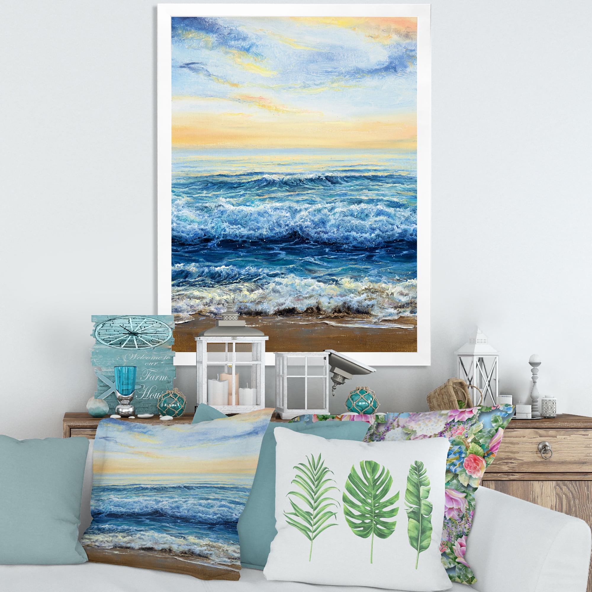 Designart 'Ocean Waves At Sunrise' Nautical & Coastal Framed Art Print