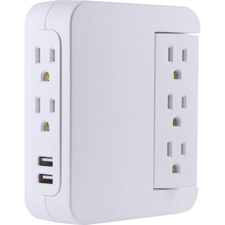 GE 5-Outlet 2 USB Port Surge Protector Swivel Wall Tap, White - 39429