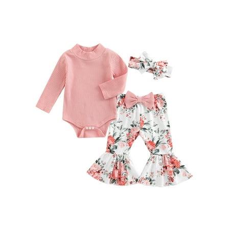 

EYIIYE Baby Girl Fall 3Pcs Set Solid Ribbed Half Turtleneck Long Sleeve Romper Floral Print Flared Pants with Headband 0-18 Months