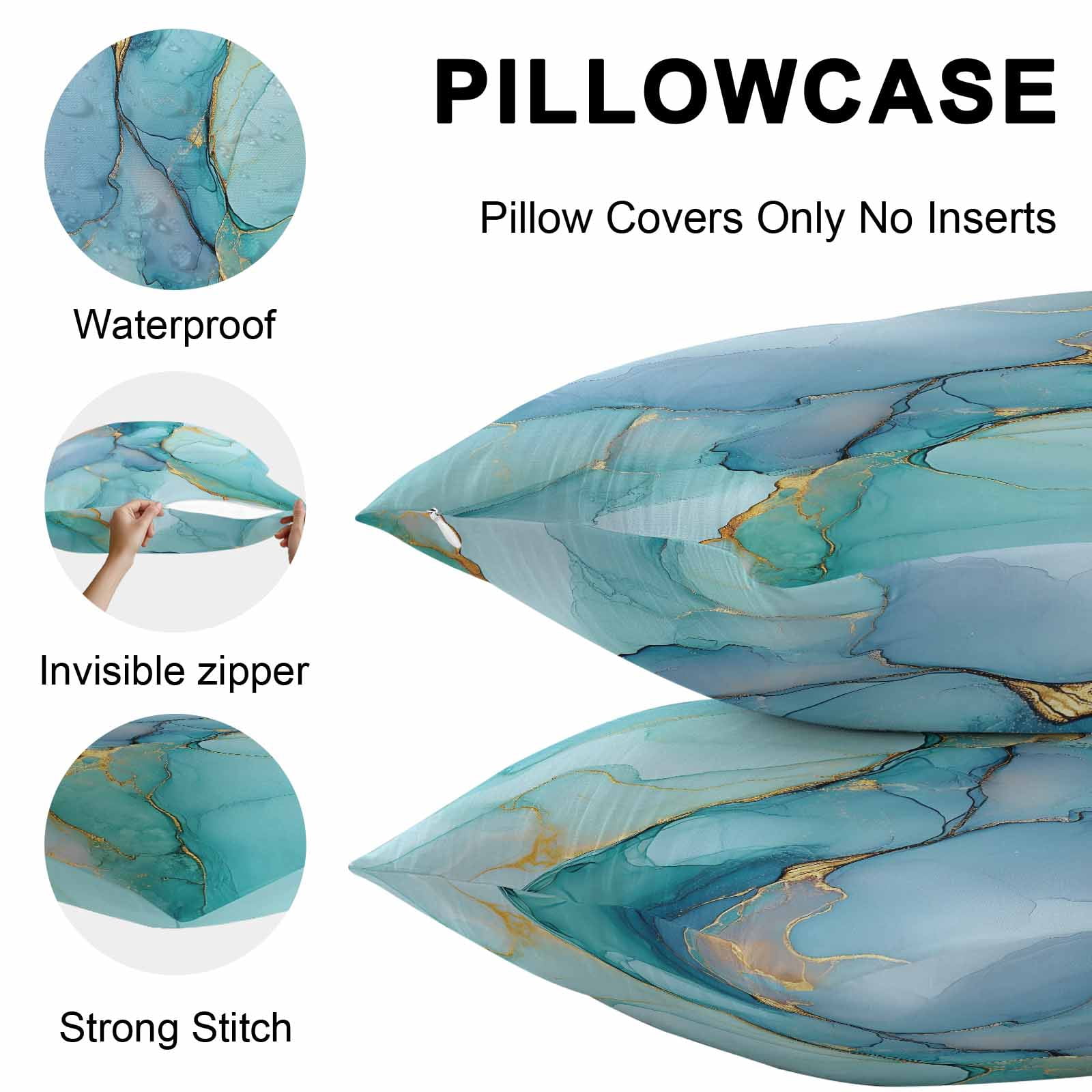 Waterproof Throw Pillow Covers 16x16 Set of 2, Ombre Aqua Green Blue Marble Outdoor Pillowcases with Invisible Zipper, Golden Vein Abstract Color Decorative Cushion Covers for Patio Garden Sofa Couch
