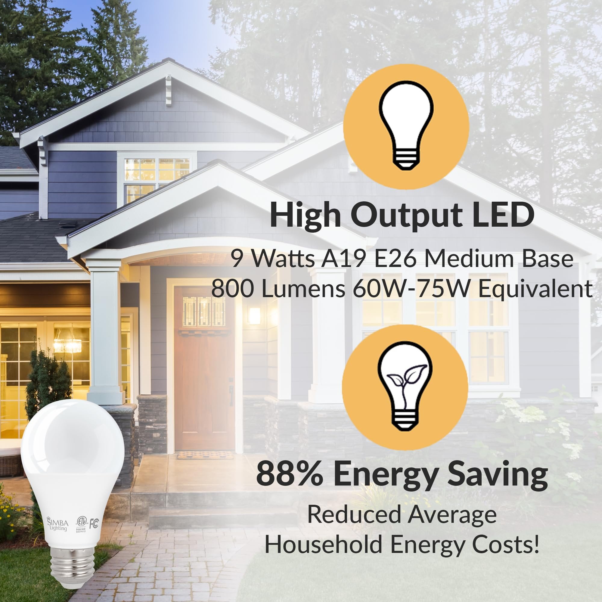 Simba Lighting LED A19 ETL Listed 9W 60W-75W Equivalent Dimmable Bulbs 120V E26 Base 2700K Warm White 6-Pack