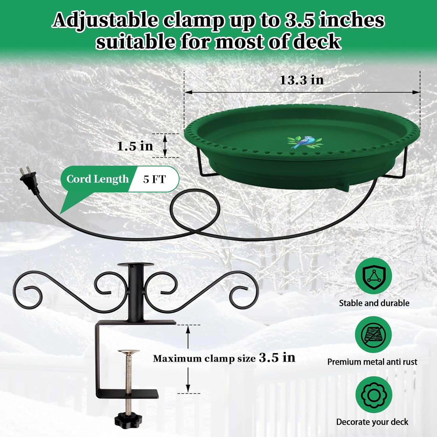 Heated Bird Bath for Deck Railing, 100W Thermostatically Controlled Heated Bird Baths for Outdoors Bird Bath Heater, Heated Birdbath for Outside Winter Garden Patio Yard(Green)