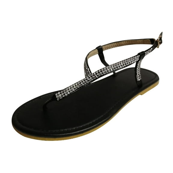JeashCHAT Womens Thong Sandals Dressy Rhinestone T-Strap Flat Sandals Flip Flops Open Toe Ankle Strap Summer Gladiator Fashion Shoes