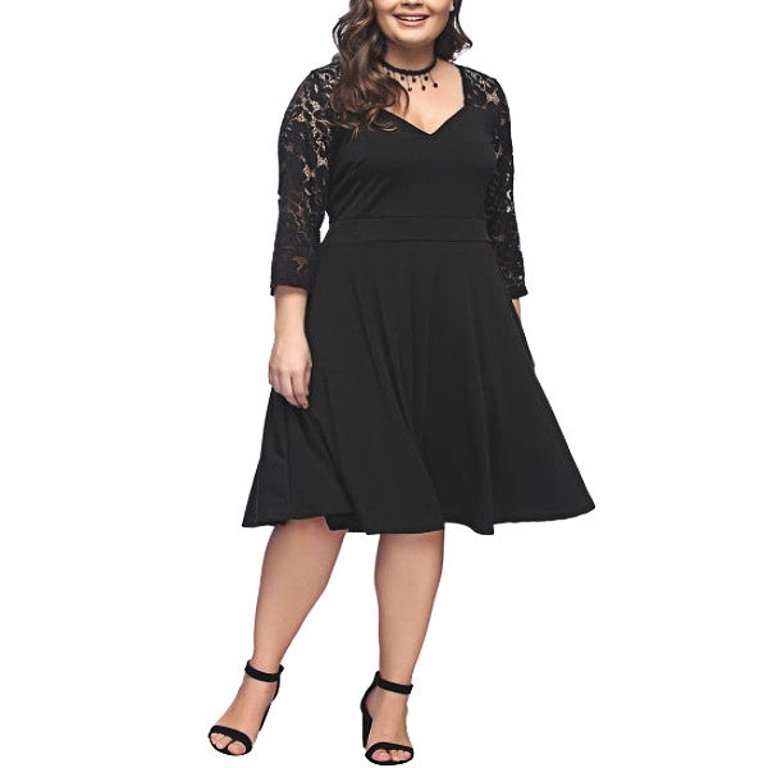 Women's Plus Size V-Neck Back Zipper Banded High Waist Lace Accent 3/4  Sleeves Elegant A-Line Skater Dress - Walmart.com