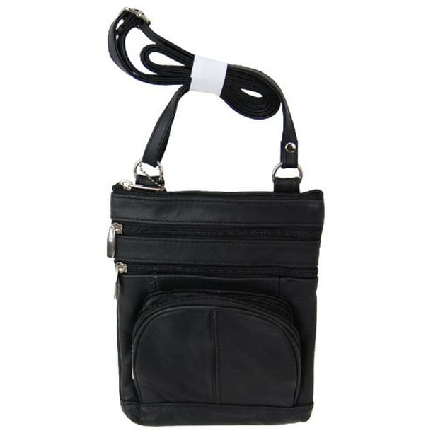 Roma Leathers Genuine Leather MultiPocket Crossbody Purse Bag (Black