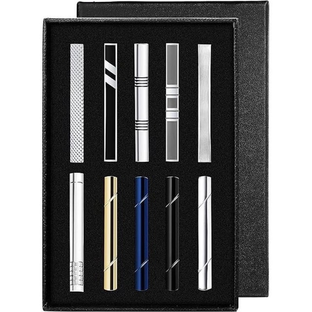Juego de 10 clips de corbata para hombre, clip de barra de corbata, negro, plateado, dorado, para bodas, negocios, con caja de regalo