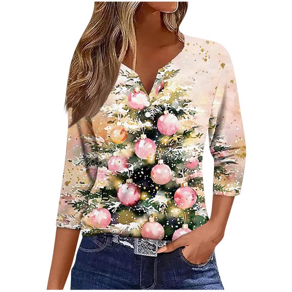 Fashion Fall Saving LiMoi Women's Three Quarter Sleeve V Neck Top for Christmas with Unique Tree Print Tees Tshirts Shirts Blouse My Items