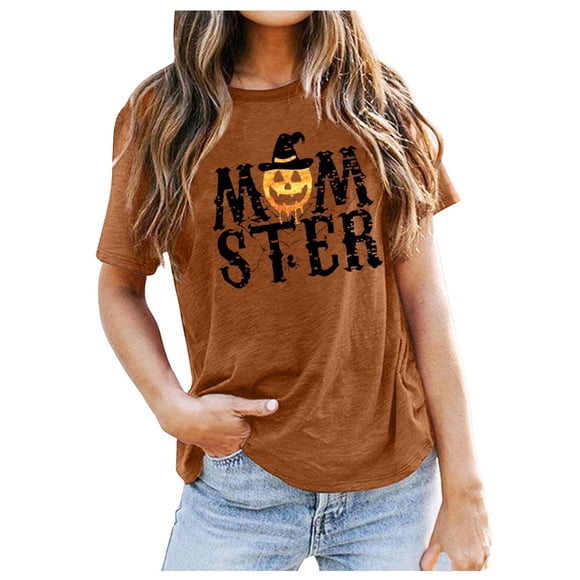LUOGENLI Female T-shirts for Womens Women's Theme Short Sleeve T Shirt Spellbinding Witchy Style Vintage T-shirts for Women Graphic Tee Summer Clothes Brown XL