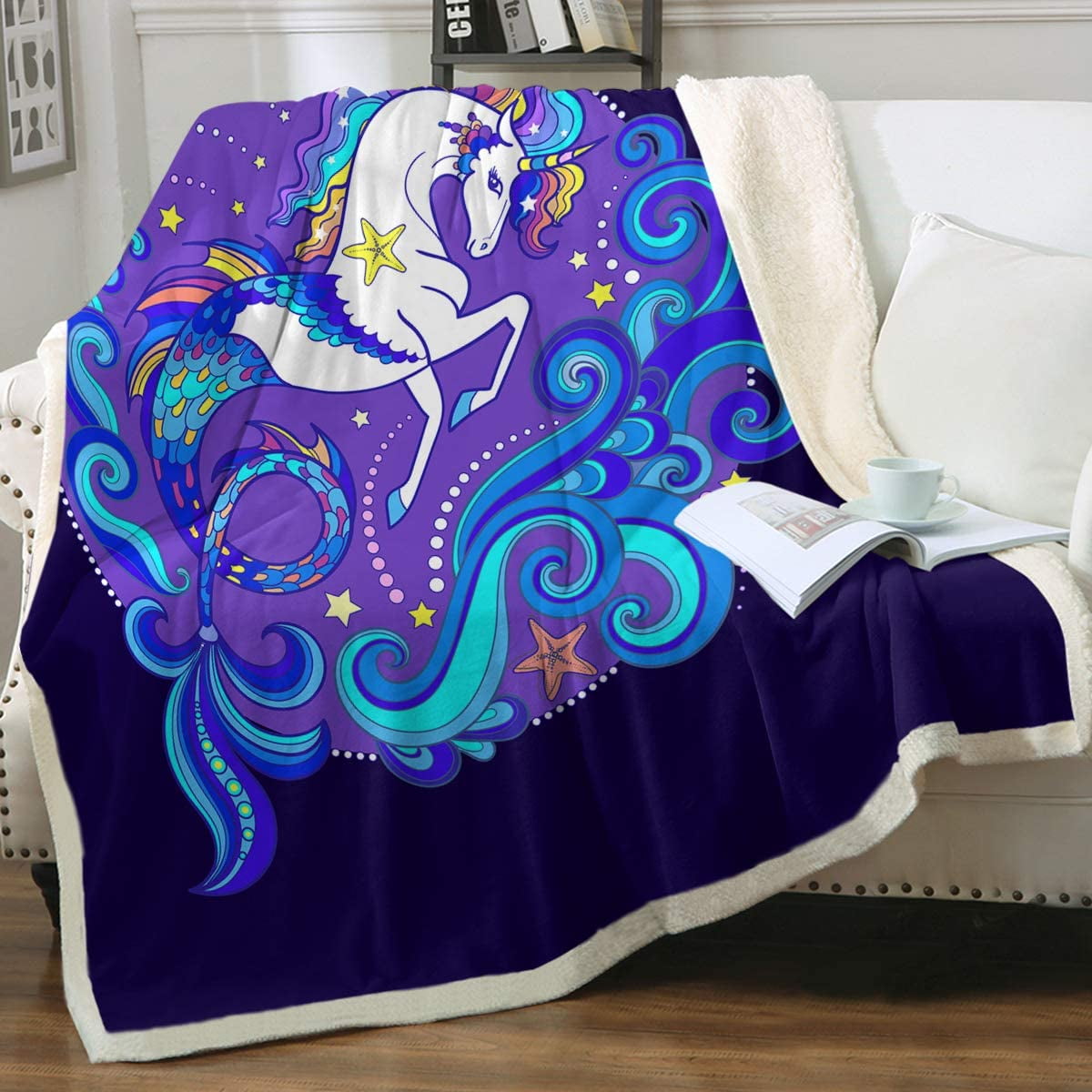 UNICORN PURPLE GIRLS FLANNEL BLANKET WITH SHERPA SOFTY AND WARM 2 PCS TWIN SIZE 