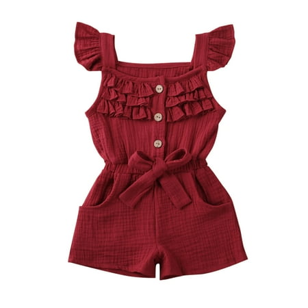 

jaweiw Toddlers Girls Flying Sleeve Romper Sleeveless Button Down Solid Color Elastic Jumpsuit