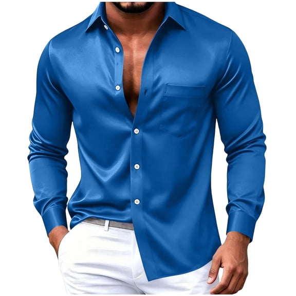 TKKCS Mens Glossy Satin Dress Shirts- Long Sleeve Lightweight Business Casual Button Down Lapel Wedding Shirts with Chest Pocket Sky Blue Size XL