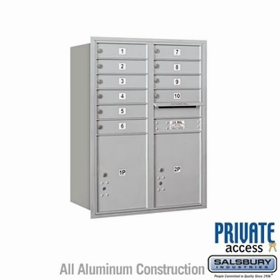 11 Door High Recessed Mounted 4C Horizontal Mailbox with 10 Doors and 2 Parcel Lockers in Aluminum with Private Access - Rear Loading