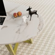 Coffee Table White Faux Marble Coffee Table for Living Room,Oval Center Tables Modern Tea Table for Small Space,Wooden Living Room Tables End Table with Sturdy Gold Metal Leg