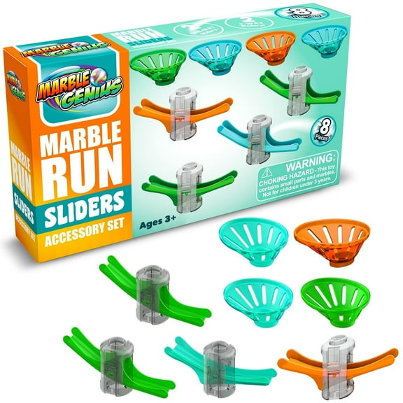 Marble Genius Marble Run Stunts Slider Set, 8 Pcs Total, 4 Two-Way Sliders and 4 Catch Buckets, Add-On Pieces for Extending Your Marbles Stunt Racing Runs, Ages 5 and Up