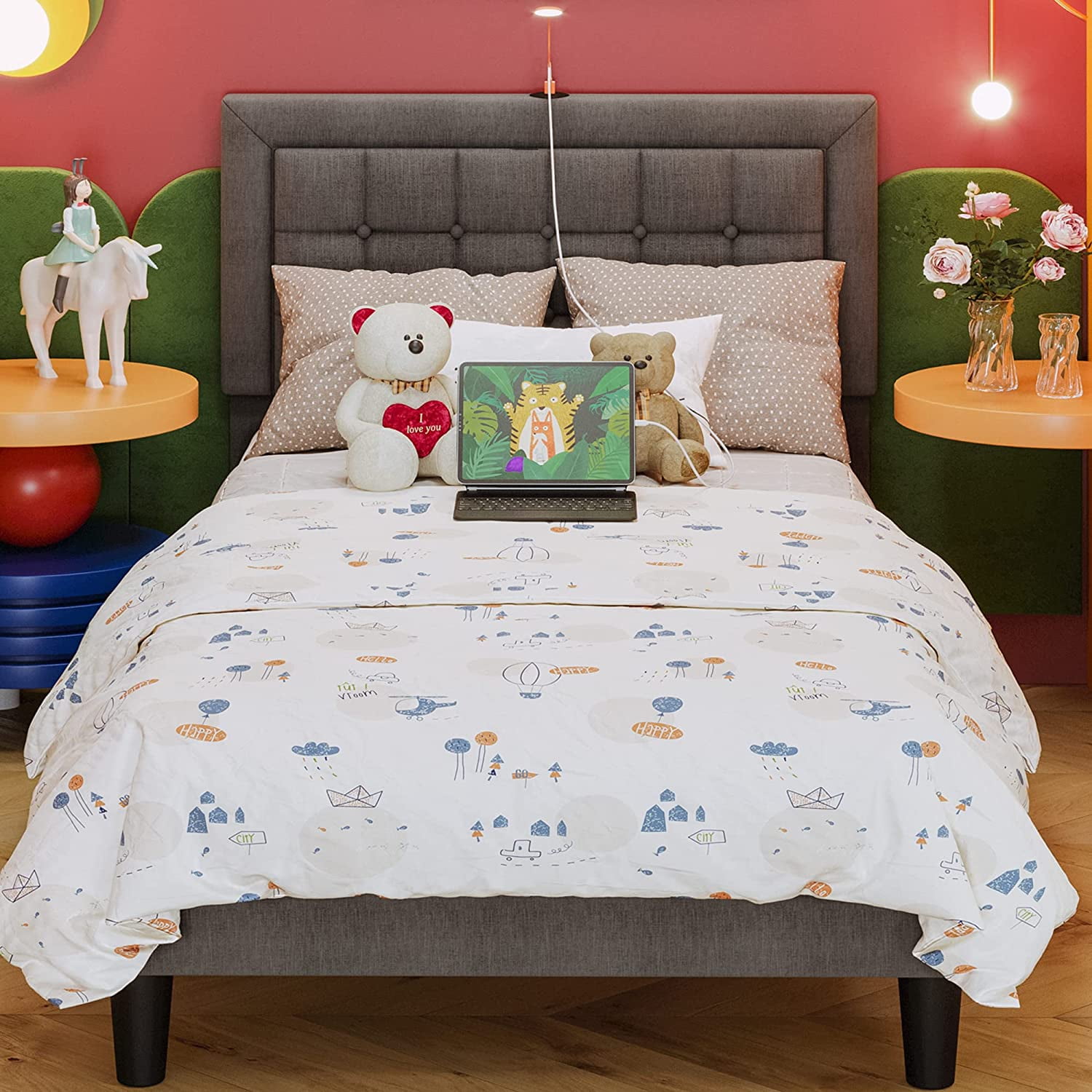 ANCTOR Twin Bed Frame with USB Ports , Heavy Duty Steel Support Legs