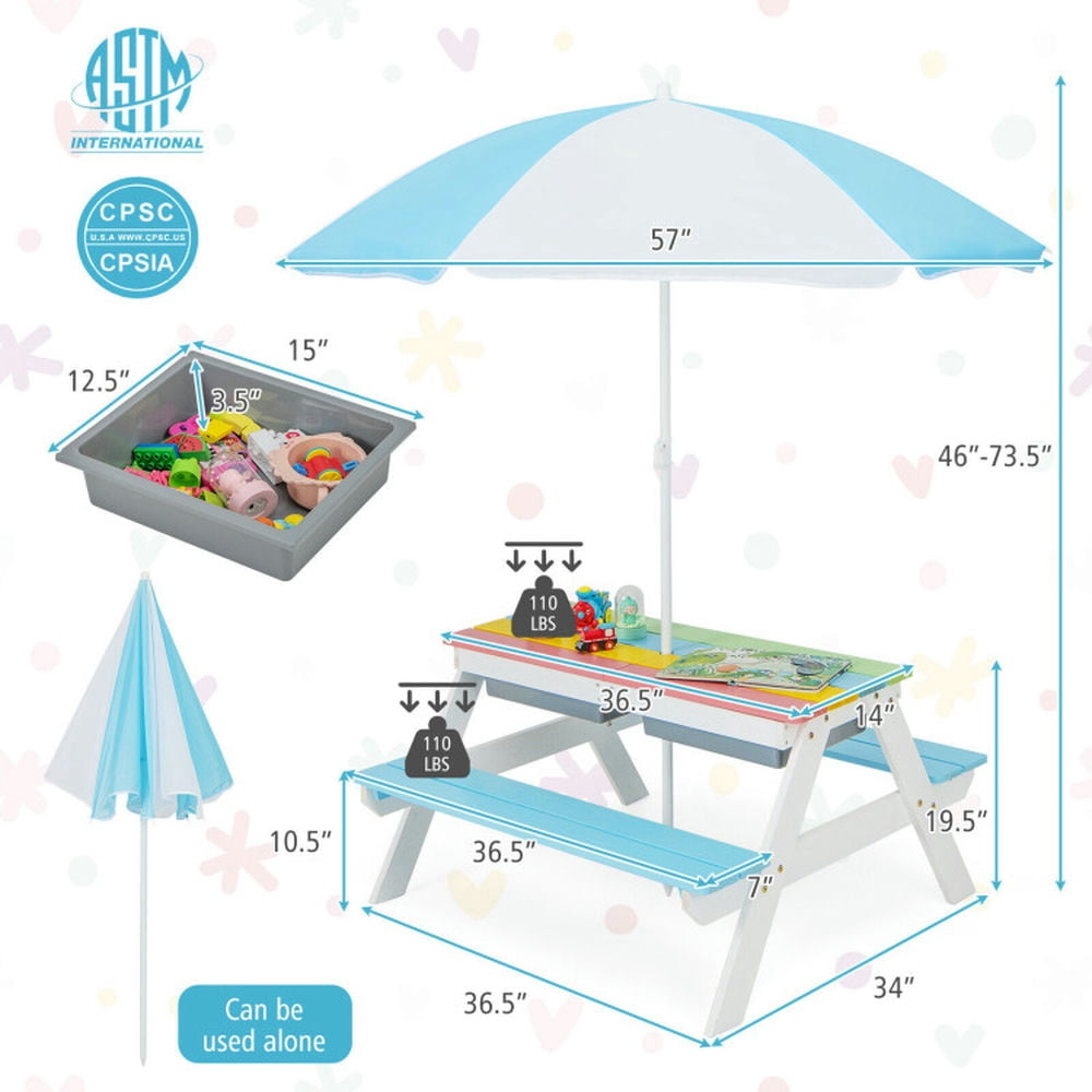 Topcobe 3-in-1 Kids Outdoor Picnic Water Sand Table with Umbrella Play Boxes, Kids Patio Furniture for Backyard, Garden-Blue