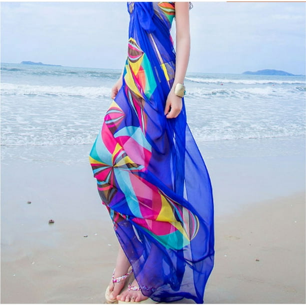 Thefound Women Beach Shawl Printed Sun Protection Swimwear Wrap Shawl Blue