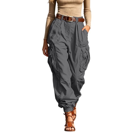 RUTAYY Women's Pants High Waist Wide Leg Solid Color Cargo Bottoms Loose Fit Casual with Pockets Comfortable Everyday Wear Elegant Travel Trousers