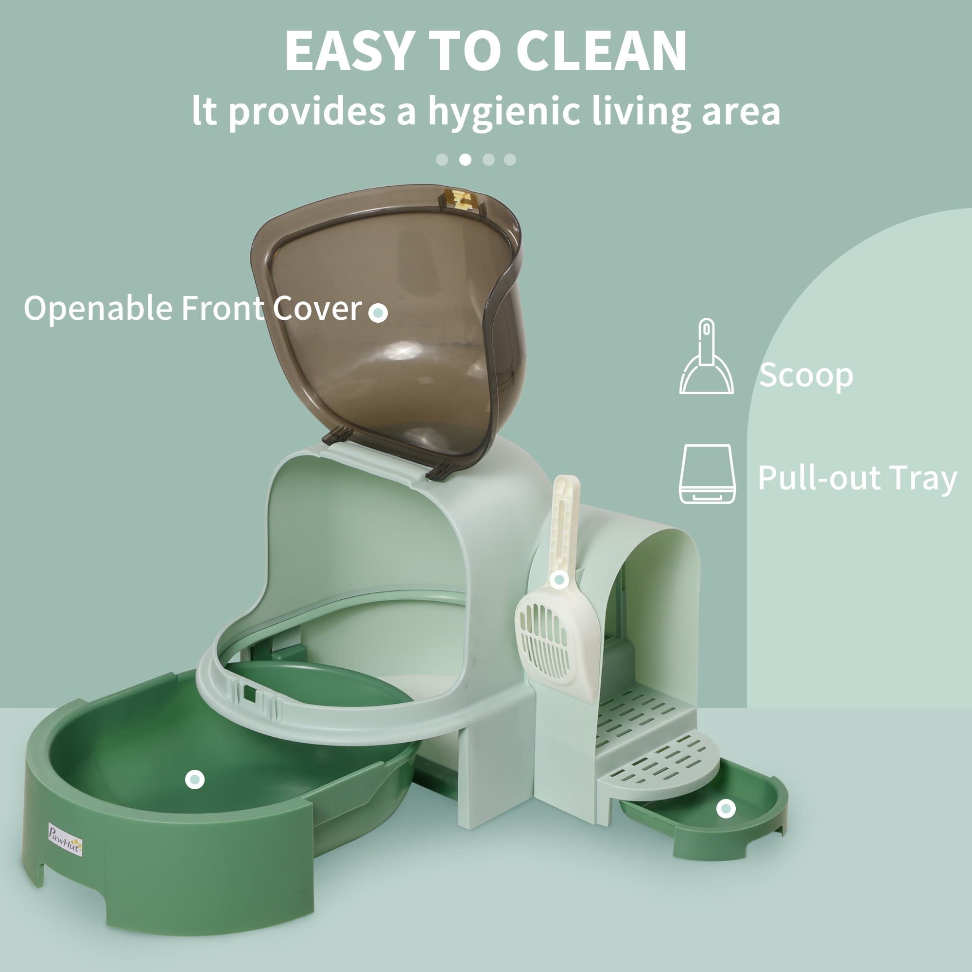 Covered Cat Litter Box with Lid Space Capsule Design Openable Front Cover Litter Scoop Included Easy to Clean Anti-Tracking Private Odor-Locking Litter Box Green