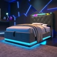 thumbnail image 4 of Euroco Upholstered Twin Size Platform Bed with Hydraulic Storage for Child, 360 Surround LED Light Linen Bed with USB Charging Station for Kids Teens, Gray, 4 of 22