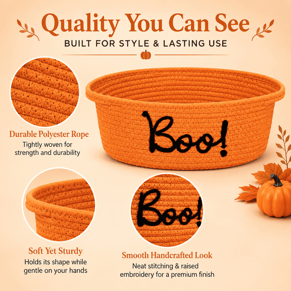 Halloween Candy Basket with Handles, Orange 3D Boo Embroidered Polyester Trick or Treat Tote for Party Storage 12.20 x 8.27 x 5.12 in
