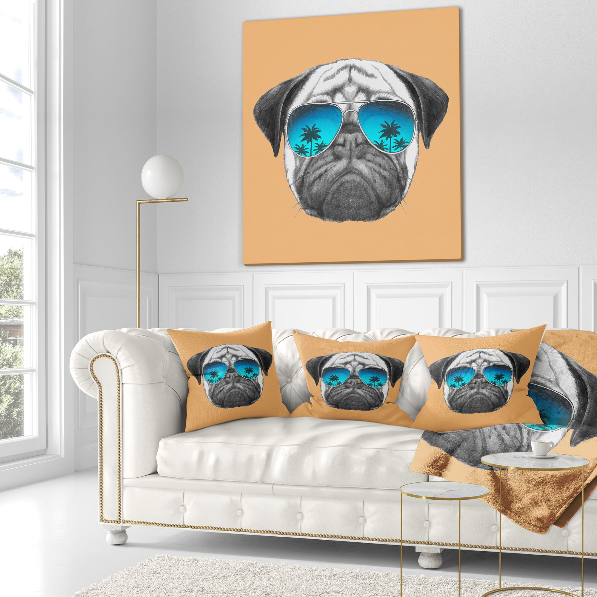 Designart Funny Dog with Blue Glasses - Animal Throw Pillow - 18x18