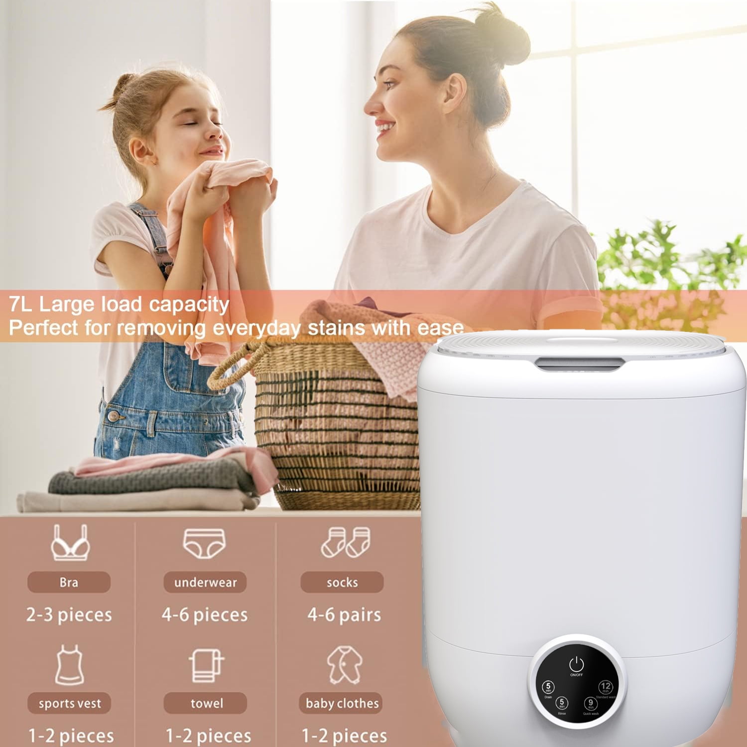 HadinEEon Washing Machine, 7L / 0.24 cu ft Top Load Portable with 4 Modes for Deep Cleaning, Touchscreen Control, Soft Spin – Ideal for Socks, Baby Clothes, Towels, Delicate Items (White)