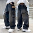 thumbnail image 2 of LIJCC Boys Denim Cargo Pants Kids Straight Wide Leg Elastic Waist Stretch Loose Casual Multi-Pocket Cargo Jeans, 2 of 7