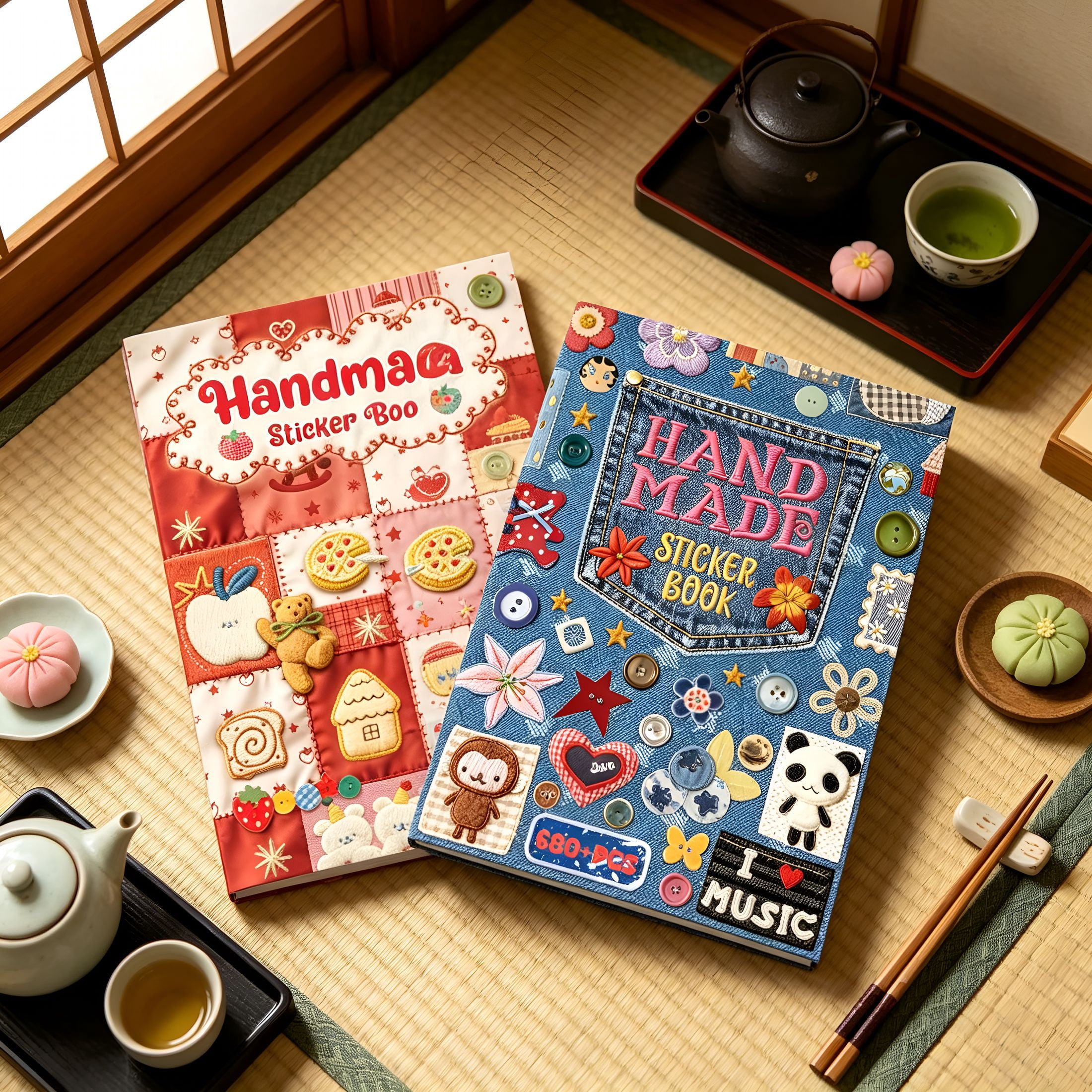 CCOCC 2 in 1 Japanese Sticker Book Combo Set with Red and Blue Patterned Die Cut Stickers 60 Sheets for Journaling
