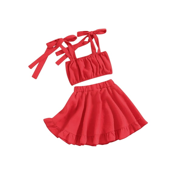 JYYYBF Toddler Girl Summer Outfit Embroidery Tie-Up Shoulder Straps Tank Tops and Elastic Waist Skirts 2Pcs Clothes Set
