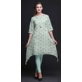 thumbnail image 2 of Bimba Green Clover Leaves Floral Printed Asymmetrical Kurti Tops For Women Indian Summer Dress Tunic Large, 2 of 6
