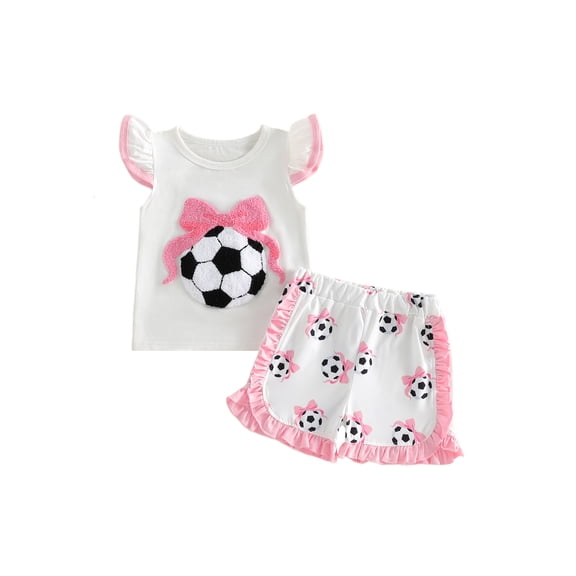 BemeyourBBs Toddler Baby Girls Football Outfit Infant Baby Girls Summer 2 Piece Outfits Flying Short Sleeve Soccer Bow Embroidered TShirt Tops Ruffle Trim Shorts Sets Toddler Girls Summer Outfit