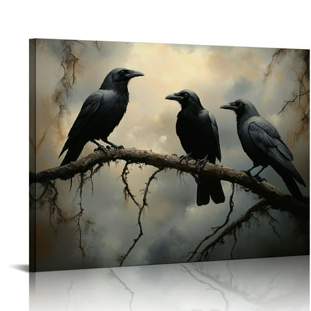 ONETECH Vintage Crow Picture Dark Academia Paintings Raven Art Print Black Crow Wall Art Black Bird Picture Gothic Crow Painting Tree Branch Canvas Wall Art Vintage Gothic Artwork for Room 20x16in