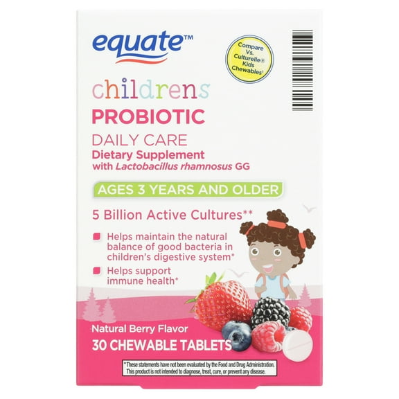 Equate Children's Probiotic Daily Care Dietary Supplement Chewable Tablets, 5 Billion Active Cultures, Natural Berry Flavor, Ages 3 Years and Older, 30 Count, Compare vs Culturelle® Kids Chewables
