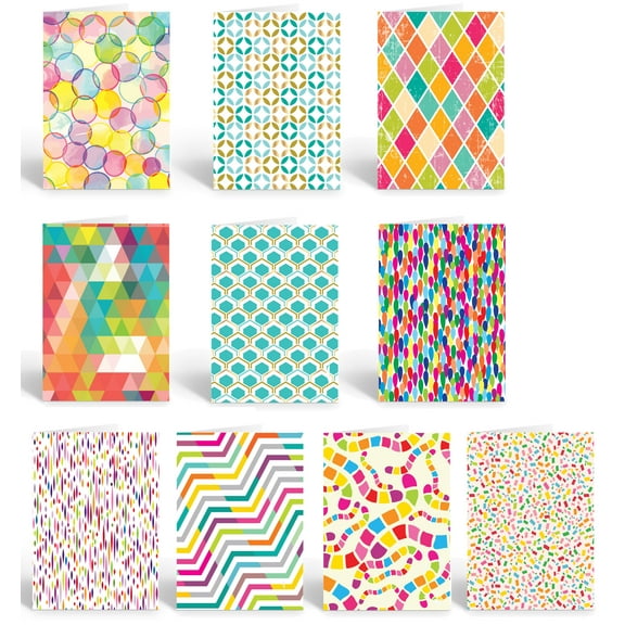 Assortment of Colorful Pattern/Design Blank Note Cards - 10 Cards and Envelopes
