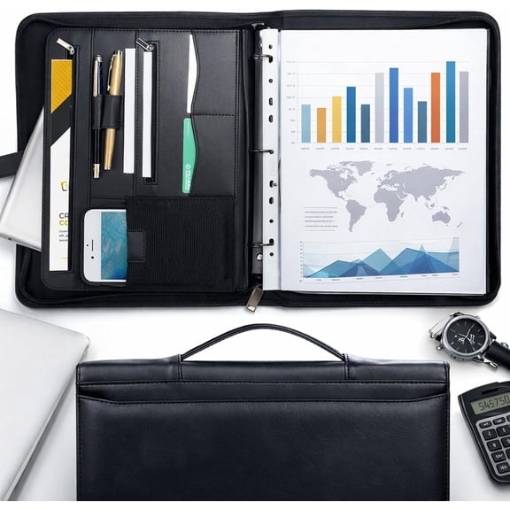 Zipper Padfolio Portfolio Binder Organizer PU Leather Portfolio for Resume, Legal Documents, Tablet, Business Supplies and Cards,3-Ring Binder with Handle, Notepad Folder for Men & Women