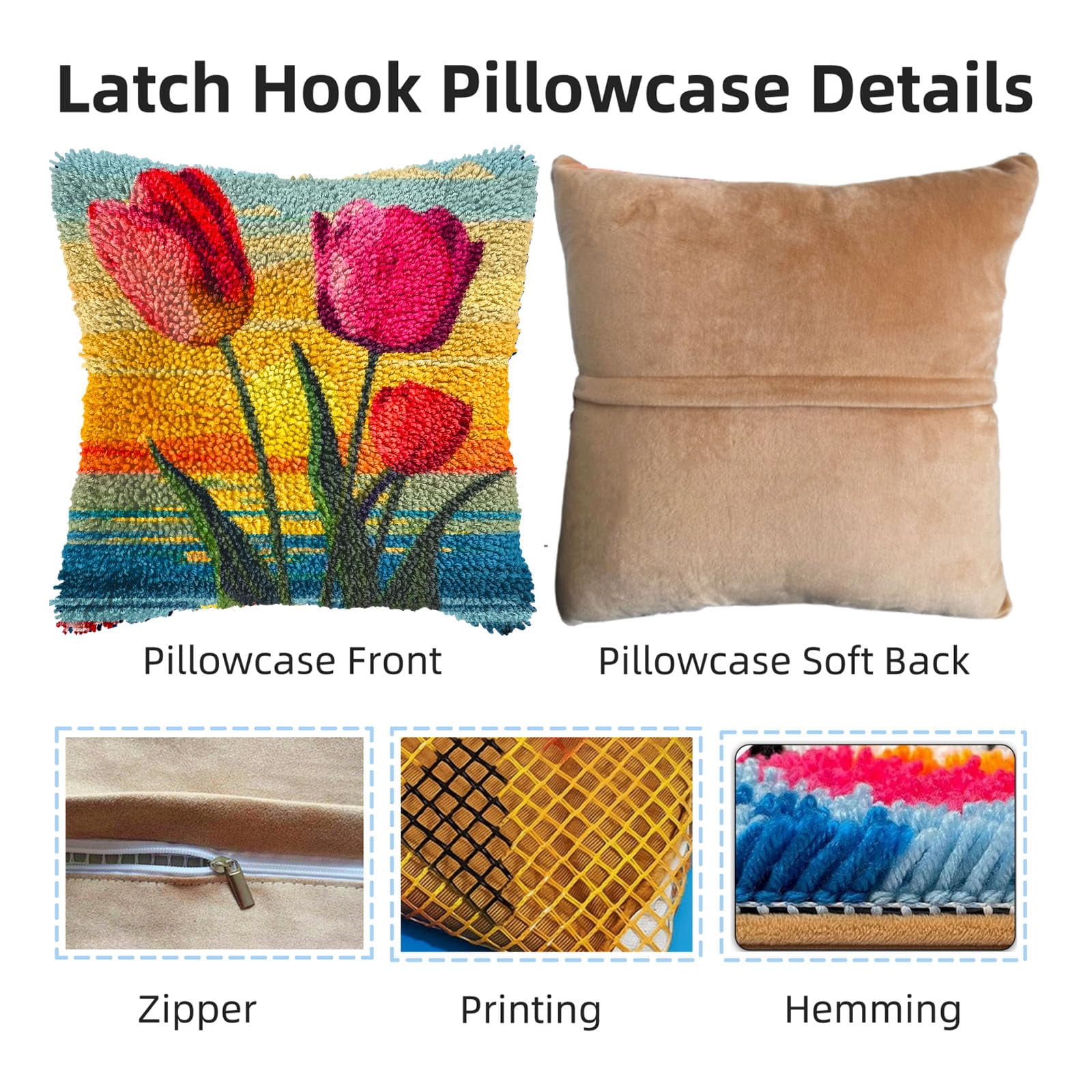 Seaside Flower Tulips Sunset DIY Latch Hook Pillow Kits for Adults Printed Pillowcase Crochet Yarns Hooking Handmade Pillow Cover Cushion for Home Sofa Decoration 17x17inch(1)