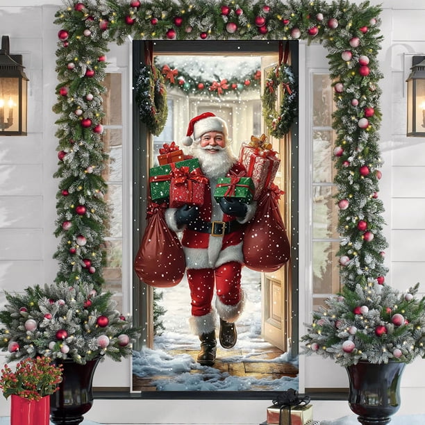 Christmas Door Cover Santa Claus Print Holiday Party Decoration Polyester Fabric Door Hanging for Home Indoor Outdoor Festive Decor