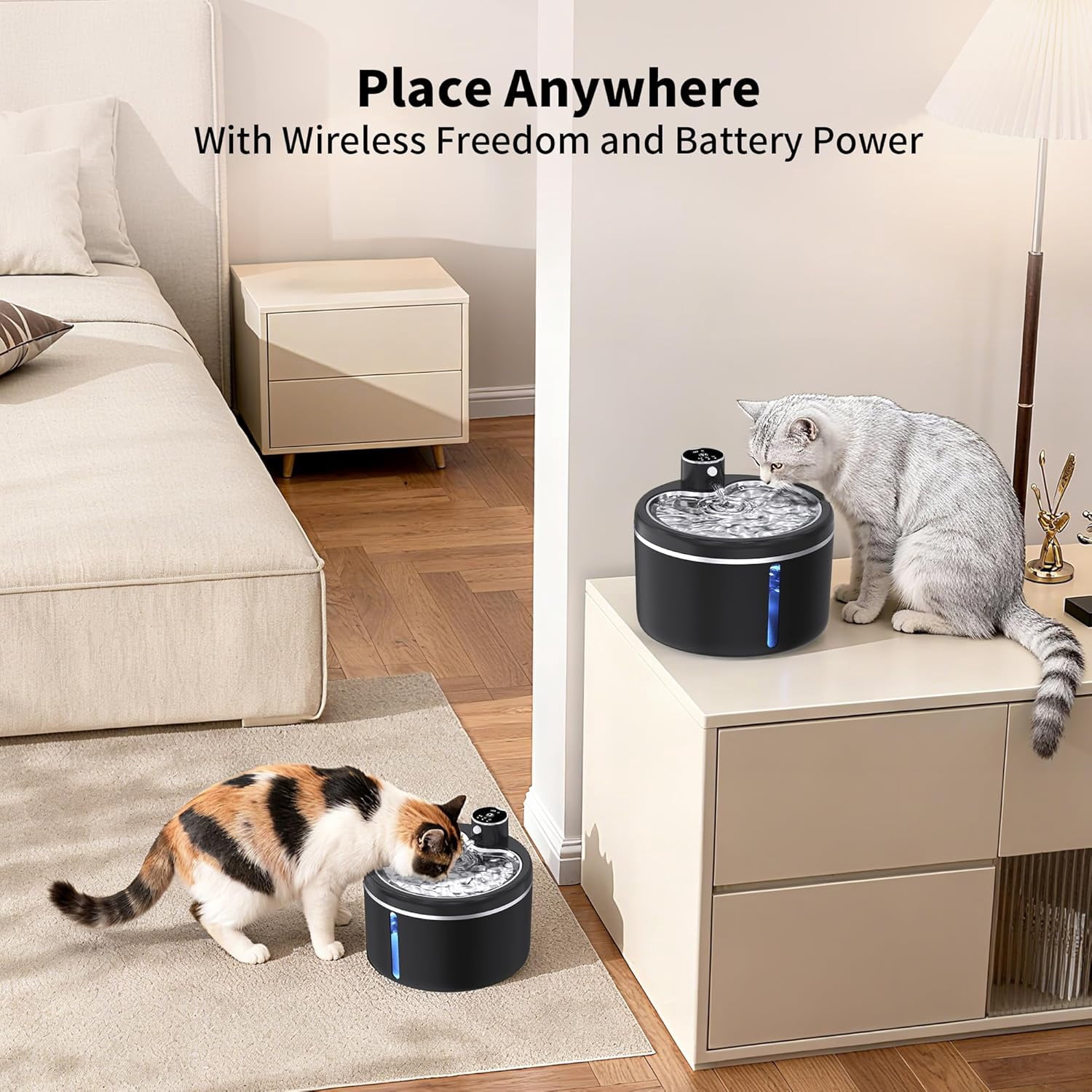 Cordless Cat Water Fountain 108oz 3L Stainless Steel Motion Sensor Battery Operated Pet Drinking Fountain