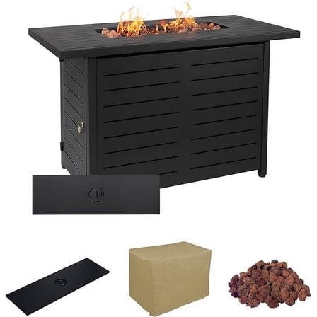Mazatzal 42 Inch Propane Fire Pit Table, 50,000 BTU CSA-Certified Outdoor Gas Fire Pit Table with Lid, Weather Cover, Lava Rock, Rectangular Steel Firepit Table for Outside, Patio, Backyard, Black