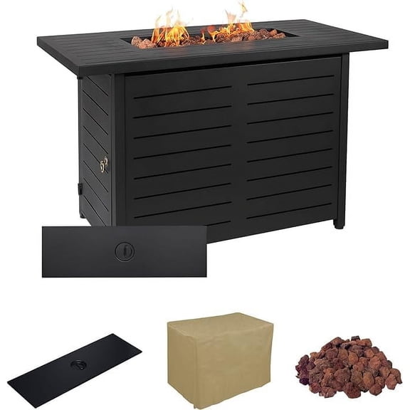 Mazatzal 42 Inch Propane Fire Pit Table, 50,000 BTU CSA-Certified Outdoor Gas Fire Pit Table with Lid, Weather Cover, Lava Rock, Rectangular Steel Firepit Table for Outside, Patio, Backyard, Black
