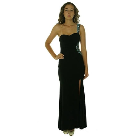 New 2769-2 Betsy & Adam Long one Shoulder Beaded Side Gown Black 14 $229