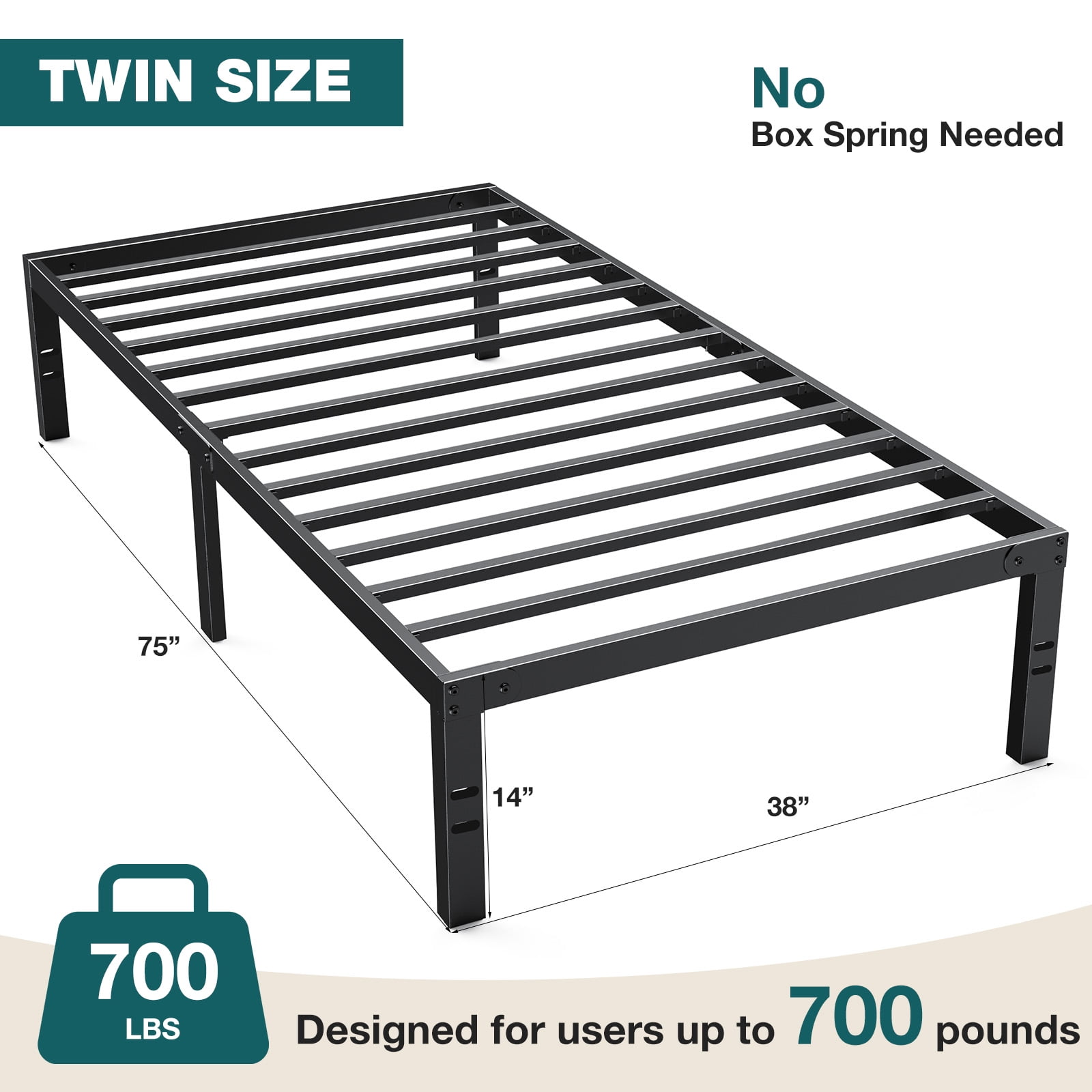 EDX 14 Inches Twin Bed Frame, Heavy Duty Metal Platform with Storage Space Under Frame, No Box Spring Needed Twin Size Bed Frame, Black