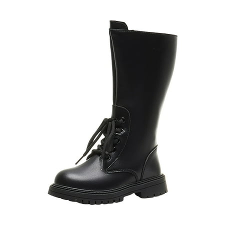 Hessimy Girls Boots Knee High and Side Zipper Leather Bows Rhinestones Decorated Shoes Thick Soled Kids Warm Fall and Winter Snow Booties(Black 5.5-6 Years)